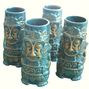 Zaya Rum Tiki Mugs Set of 4 Teal Gold Ceramic Hummingbird Barware Collectible